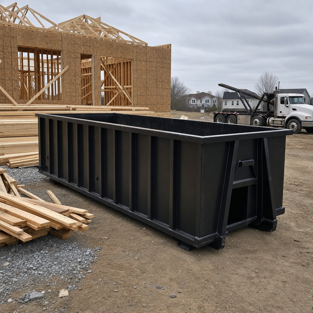 Matte-black 40-yard roll-off dumpster staged on a framed-out residential construction site in Garland, framing lumber stacked nearby, hooklift delivery truck visible in the background under bright Colorado daylight