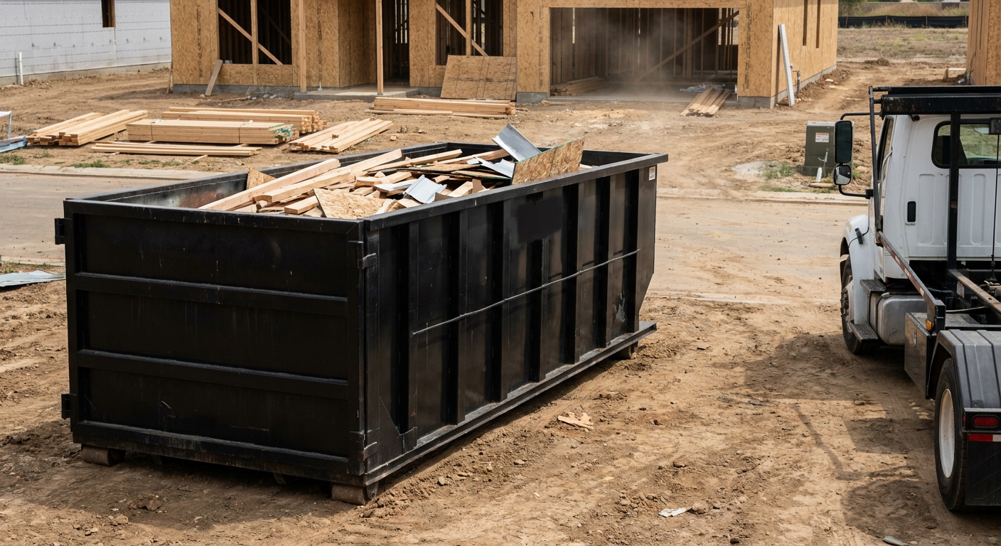 Matte-black 20-yard roll-off construction dumpster with heavy ribbed steel sidewalls and swing rear doors at a working jobsite in Garland, sitting directly on compacted dirt with an unmarked white hauler partially visible at the far edge of the frame.