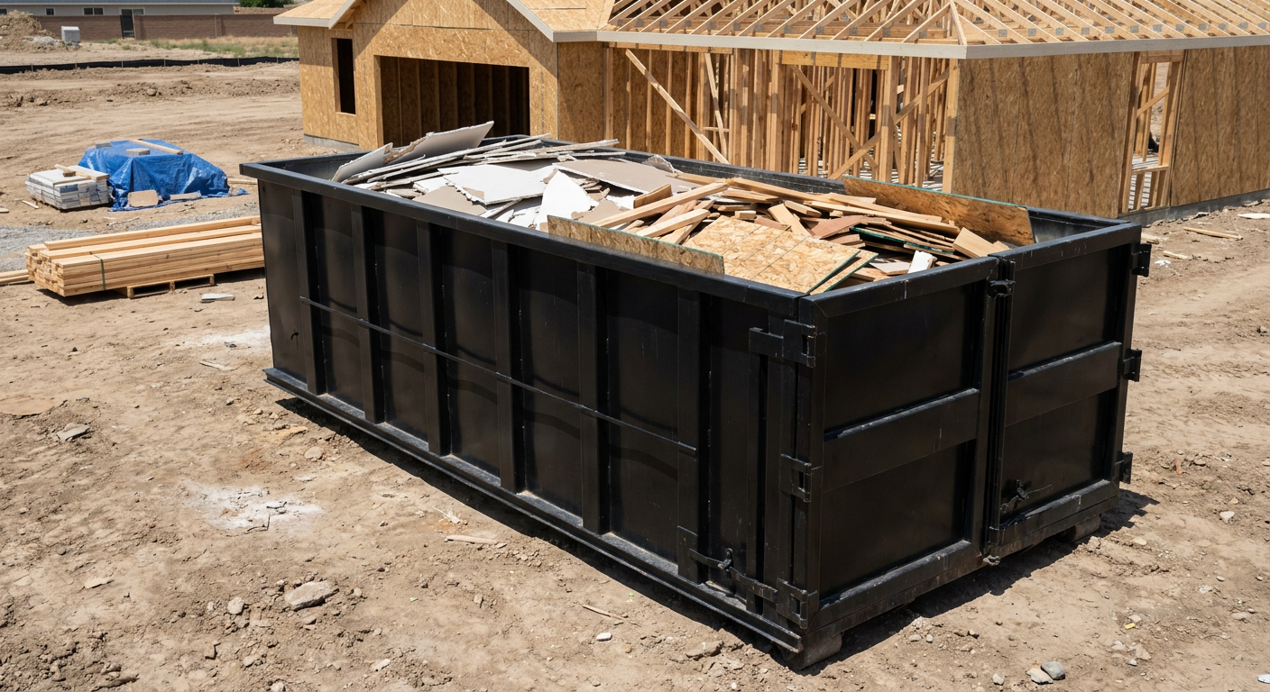 Matte-black 30-yard roll-off construction dumpster sitting directly on the compacted-dirt site of a framed single-family home build in Garland, drywall and lumber scrap loaded inside.