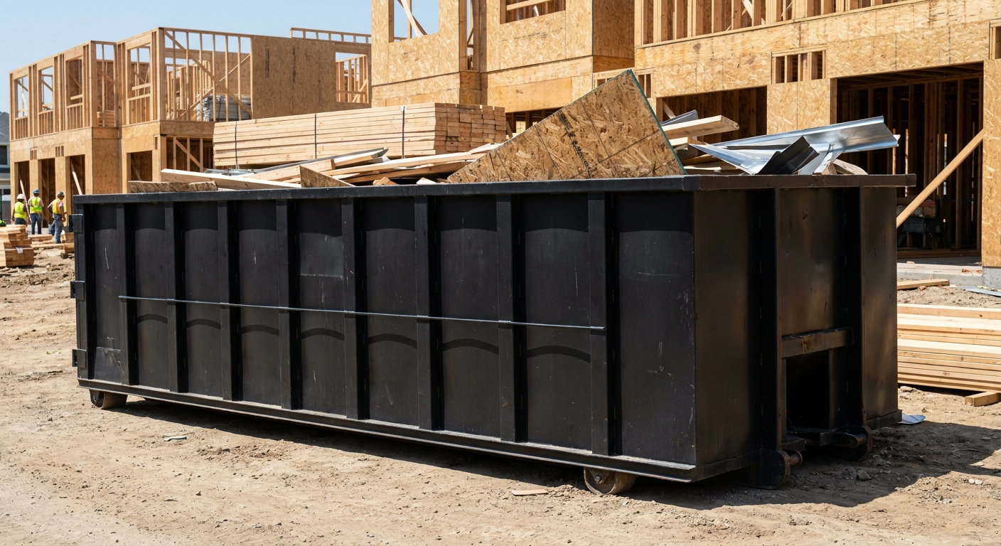 Matte-black 40-yard roll-off construction dumpster being lowered from a white-cab hooklift delivery truck onto the compacted-dirt jobsite at a commercial build site in Garland