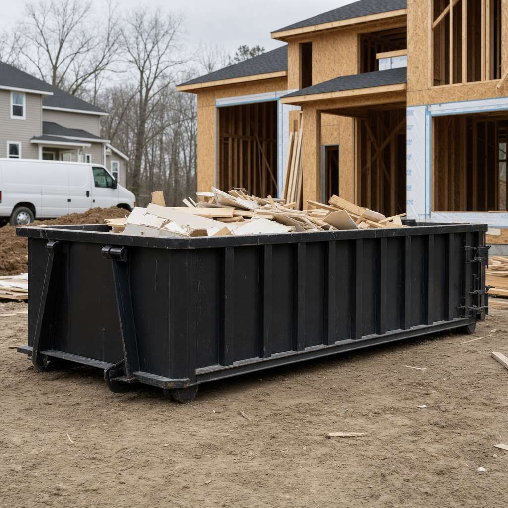 Worker in a yellow high-visibility vest tossing framing lumber and broken drywall into a matte-black 30-yard construction roll-off dumpster on an active build site in Garland, bright daylight