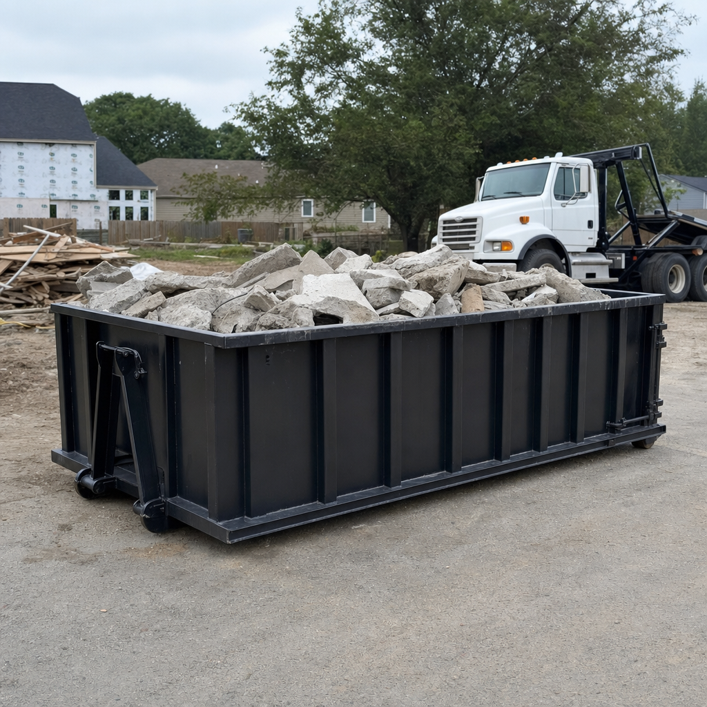 Low-profile matte-black lowboy roll-off dumpster loaded with broken concrete slab and rebar at a foundation tear-out in Garland, skid steer parked beside it, sunny Colorado morning