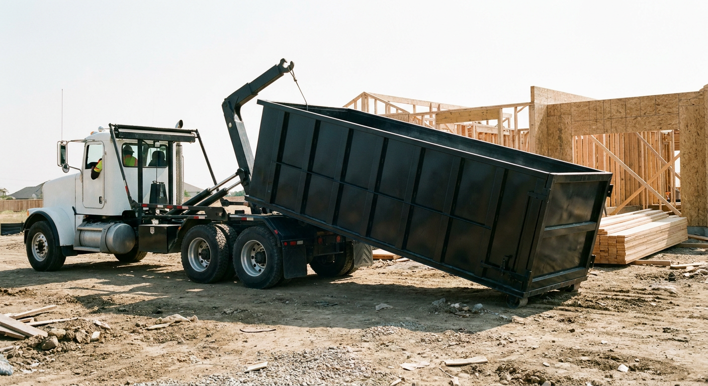 Matte-black roll-off dumpster being delivered onto a clean residential concrete driveway in Garland by an unmarked white hooklift hauler truck, bright morning daylight, documentary 35mm perspective.