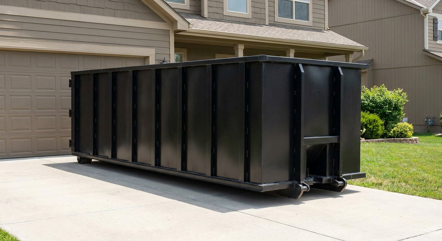 Matte-black residential roll-off dumpster sitting directly on a suburban Garland concrete driveway, garage door closed, single-family home in background, bright morning daylight.