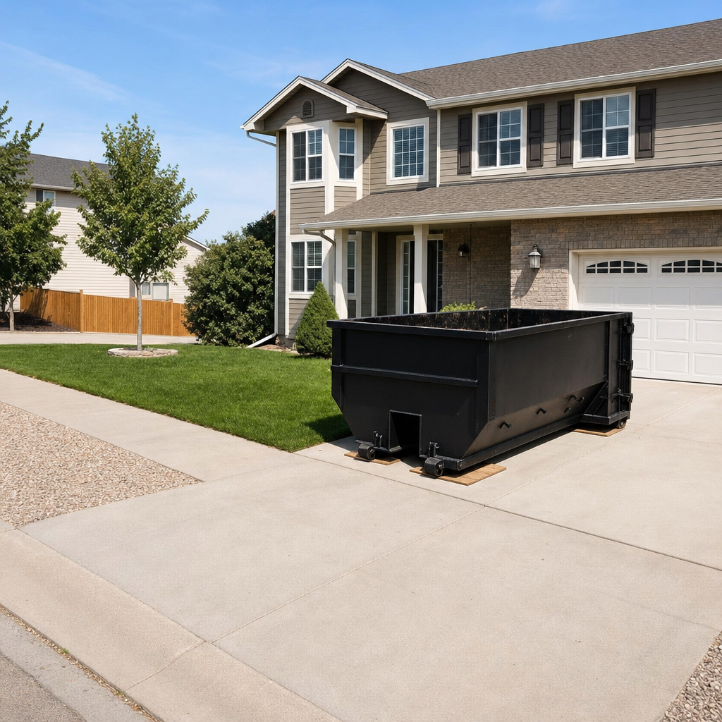 10-yard matte-black residential dumpster placed directly on a narrow Garland concrete driveway, room remains for a parked sedan beside it, mid-morning natural light