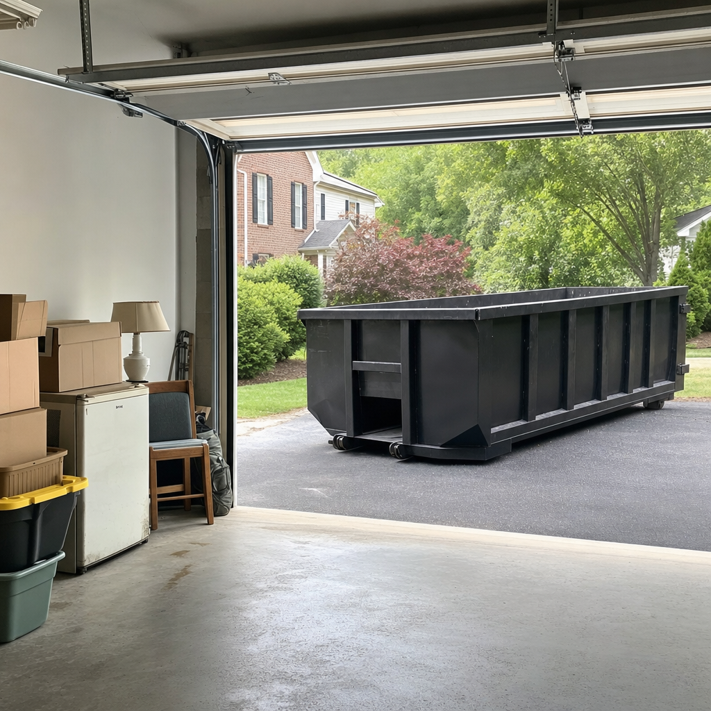 Open garage interior in a Garland home mid-cleanout — boxed items, an old appliance, and stacked yard tools queued near the driveway for a matte-black roll-off dumpster, organized and calm