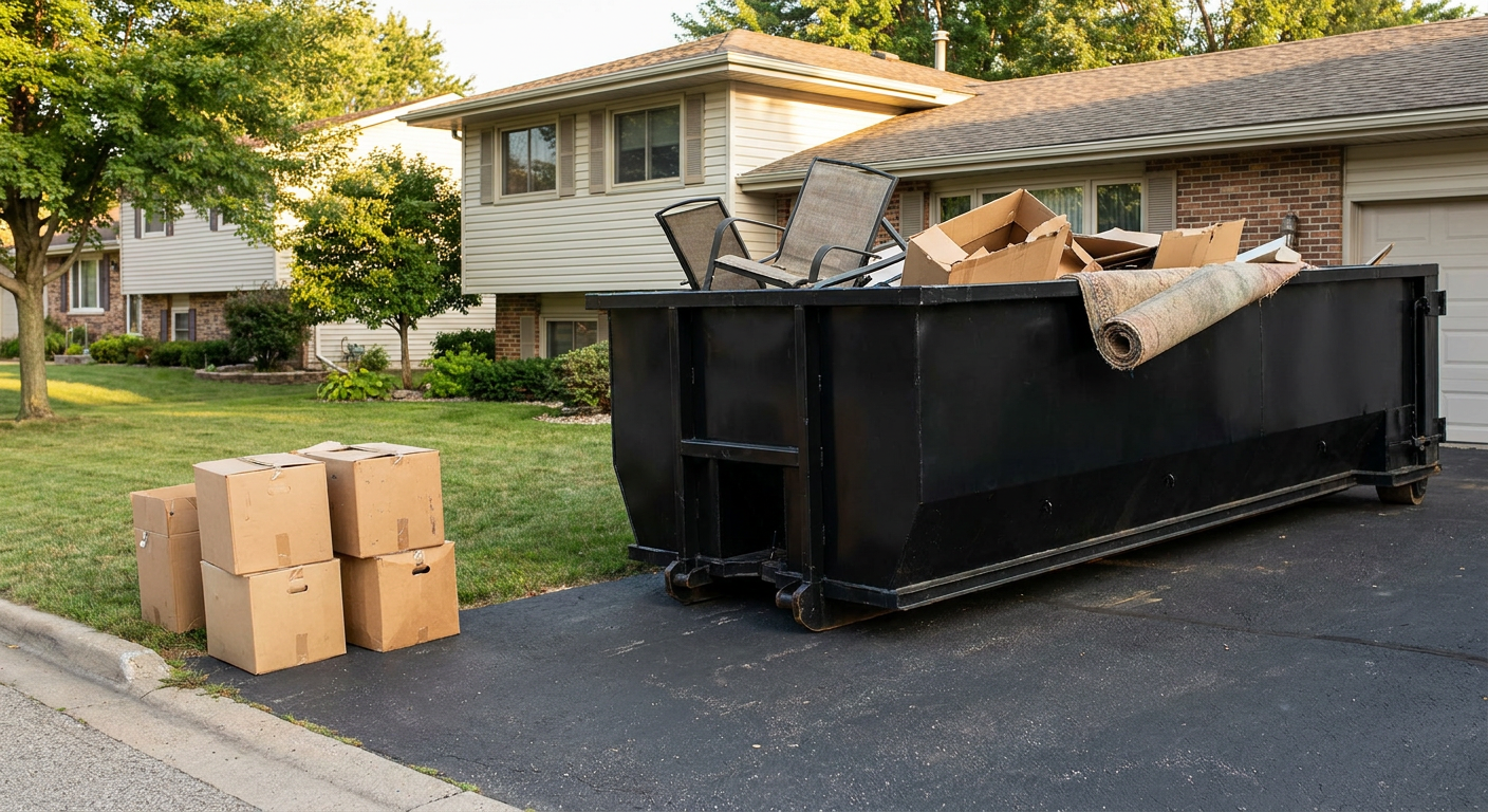 Front-yard view of a Garland split-level home with a 20-yard matte-black roll-off dumpster sitting directly on the asphalt driveway, a few clearly labeled donation boxes staged at the curb, calm sunny afternoon.