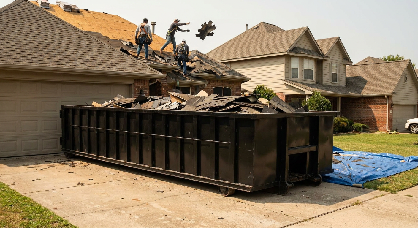 Matte-black roofing roll-off dumpster placed directly on a Garland residential concrete driveway, a tear-off crew on a two-story asphalt-shingle roof tossing shingle bundles into the low-walled container, bright daylight, documentary 35mm perspective.