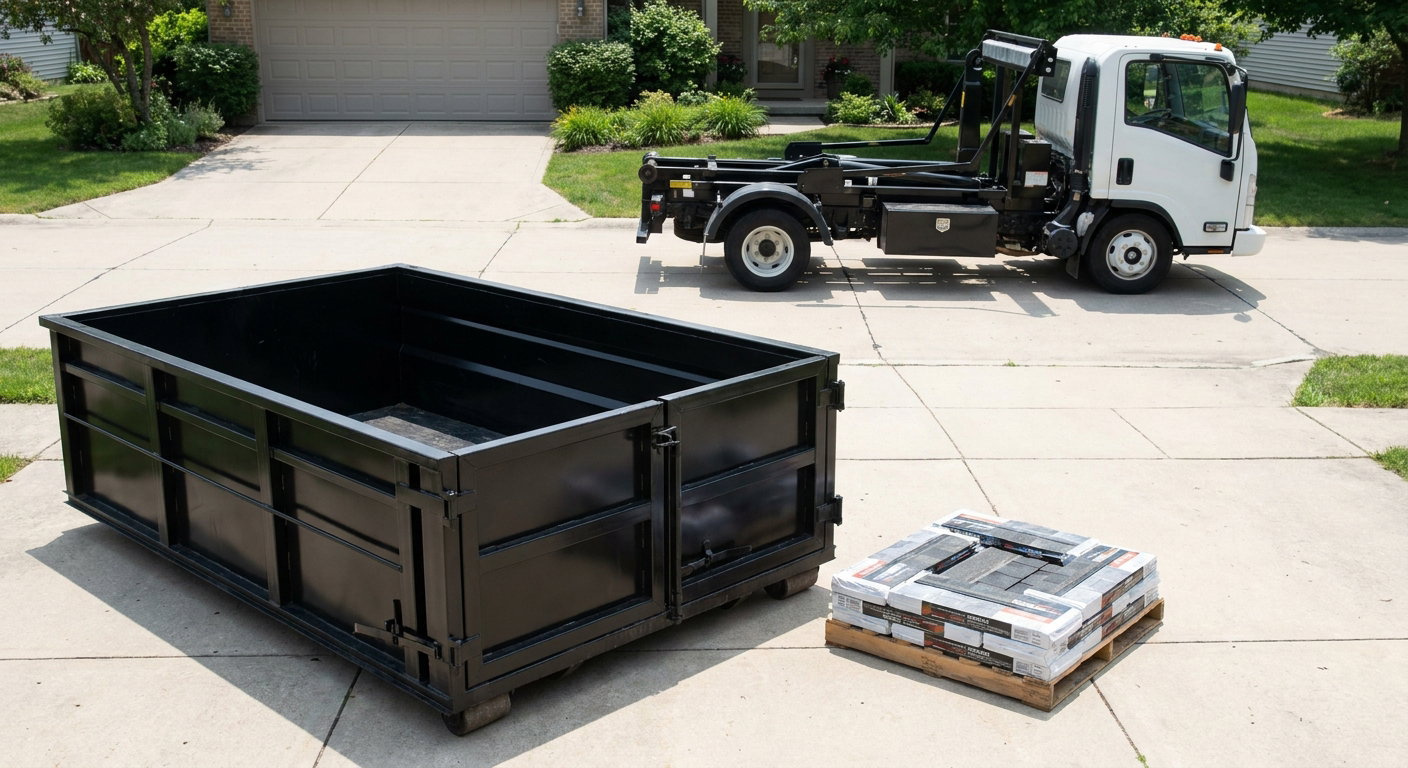 Matte-black 15-yard roofing roll-off dumpster with reinforced low side walls sitting directly on a Garland residential concrete driveway, three-tab asphalt shingle bundles stacked nearby, an unmarked white hauler truck partially visible at the edge of the frame.