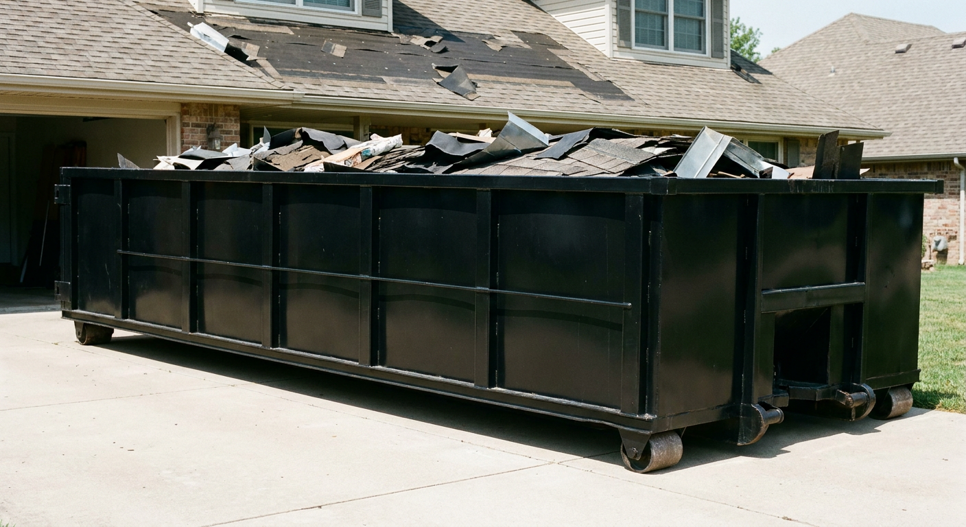 Matte-black 20-yard roofing roll-off dumpster with steel ribbed sides and swinging rear door, sitting directly on the concrete driveway of a two-story Garland home, asphalt shingle debris being loaded over the low wall, clean documentary lighting.
