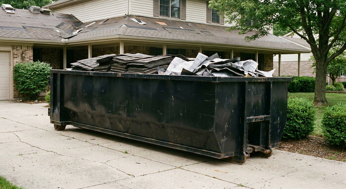 Matte-black 30-yard roofing roll-off dumpster sitting directly on a Garland concrete driveway, taller ribbed steel side panels, mixed tear-off debris of asphalt shingles and underlayment inside, professional documentary daylight.