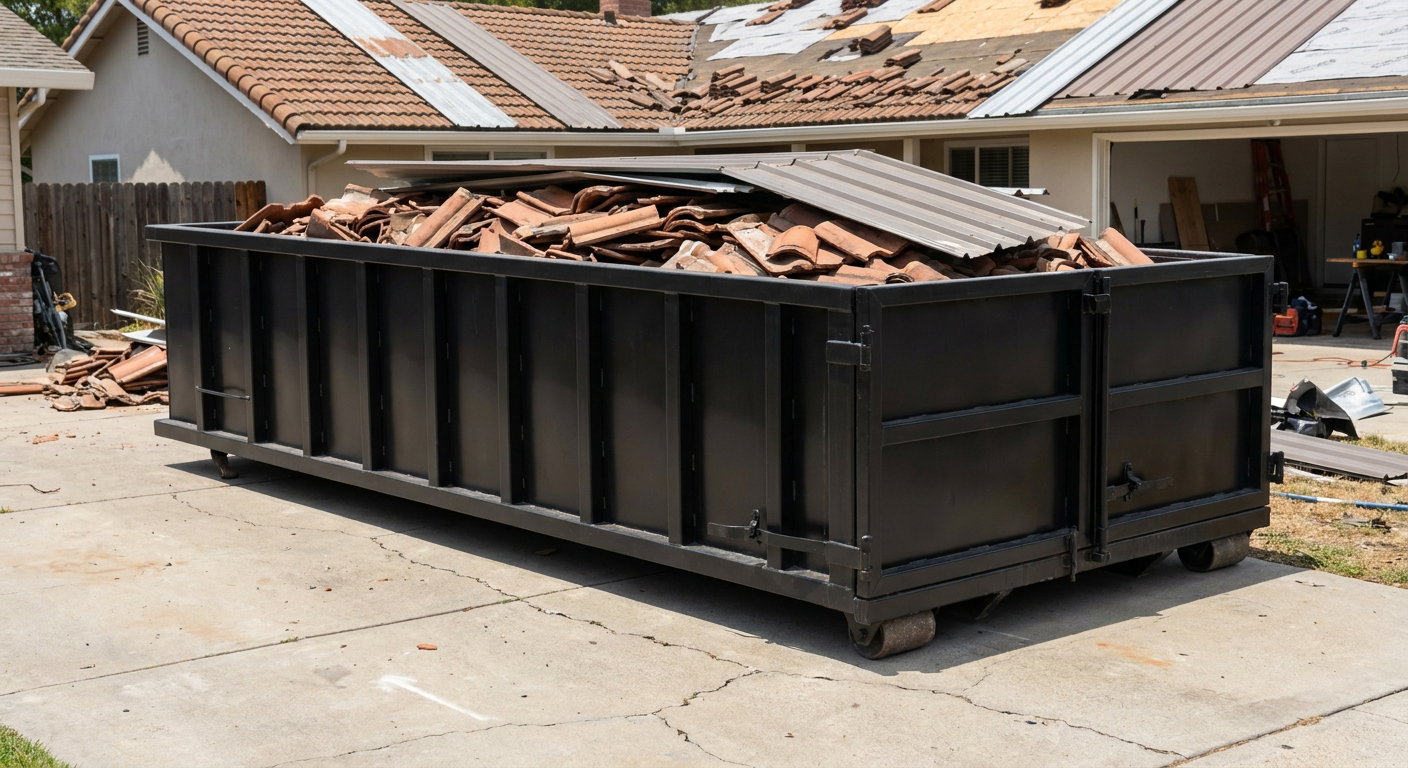 Matte-black low-wall heavy-debris roofing roll-off dumpster sitting directly on a Garland concrete driveway, broken concrete clay roof tiles and metal panel sections loaded inside, reinforced ribbed steel side walls visible, bright outdoor daylight.