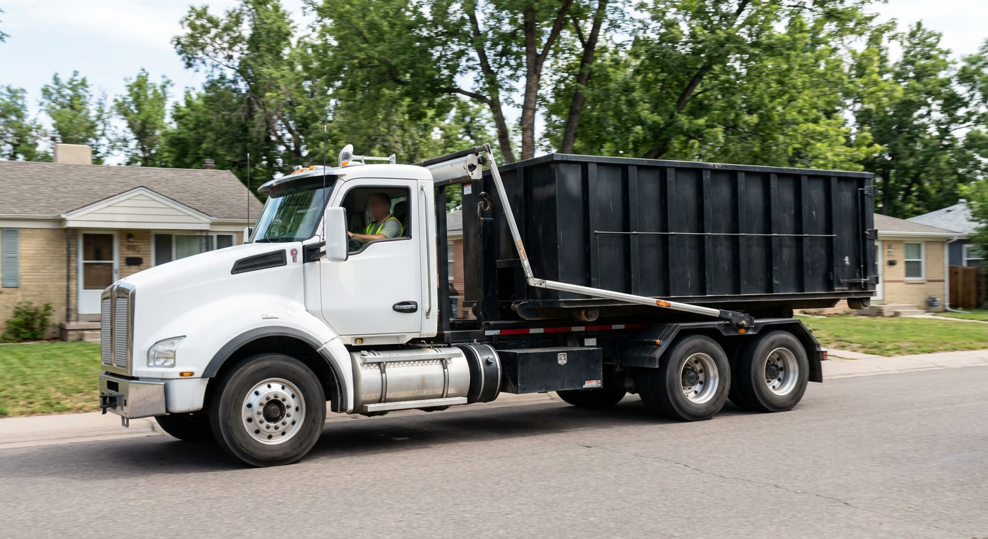 A wide documentary shot of a matte-black roll-off delivery truck pulling onto a quiet Garland residential street at mid-morning, with neighborhood rooftops and tree-lined blocks visible behind, showing the metro coverage footprint.