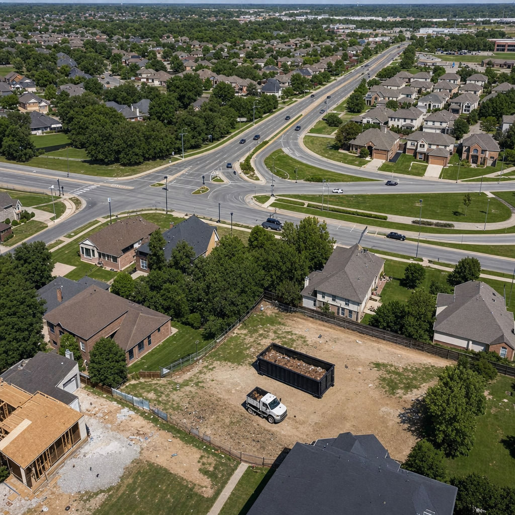 An overhead documentary view of the Garland metro area at midday, showing the spread of neighborhoods, arterial roads, and the dispatch radius from a central yard — clean daylight, organized geographic layout.