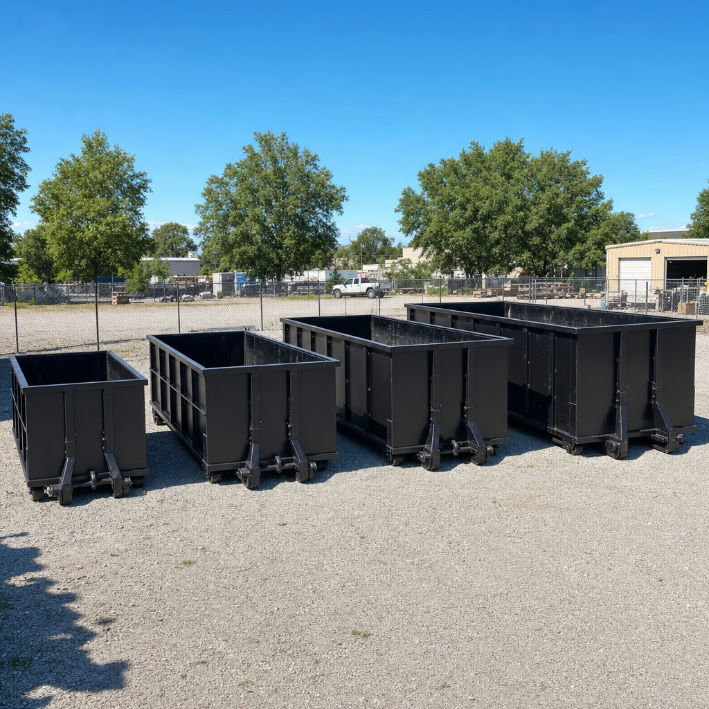 A clean lineup of matte-black roll-off dumpsters in 10, 20, 30, and 40-yard sizes staged on a sunlit gravel yard in Garland, showing the size progression from compact to commercial-scale containers.