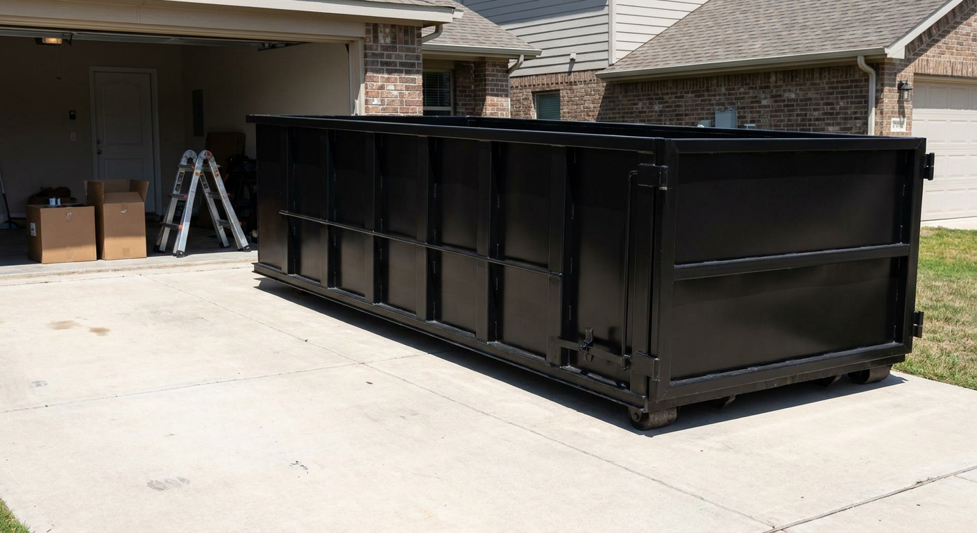 A matte-black 10-yard roll-off dumpster sitting directly on a residential Garland concrete driveway, mid-day sunlight, clean and ready for a garage cleanout.