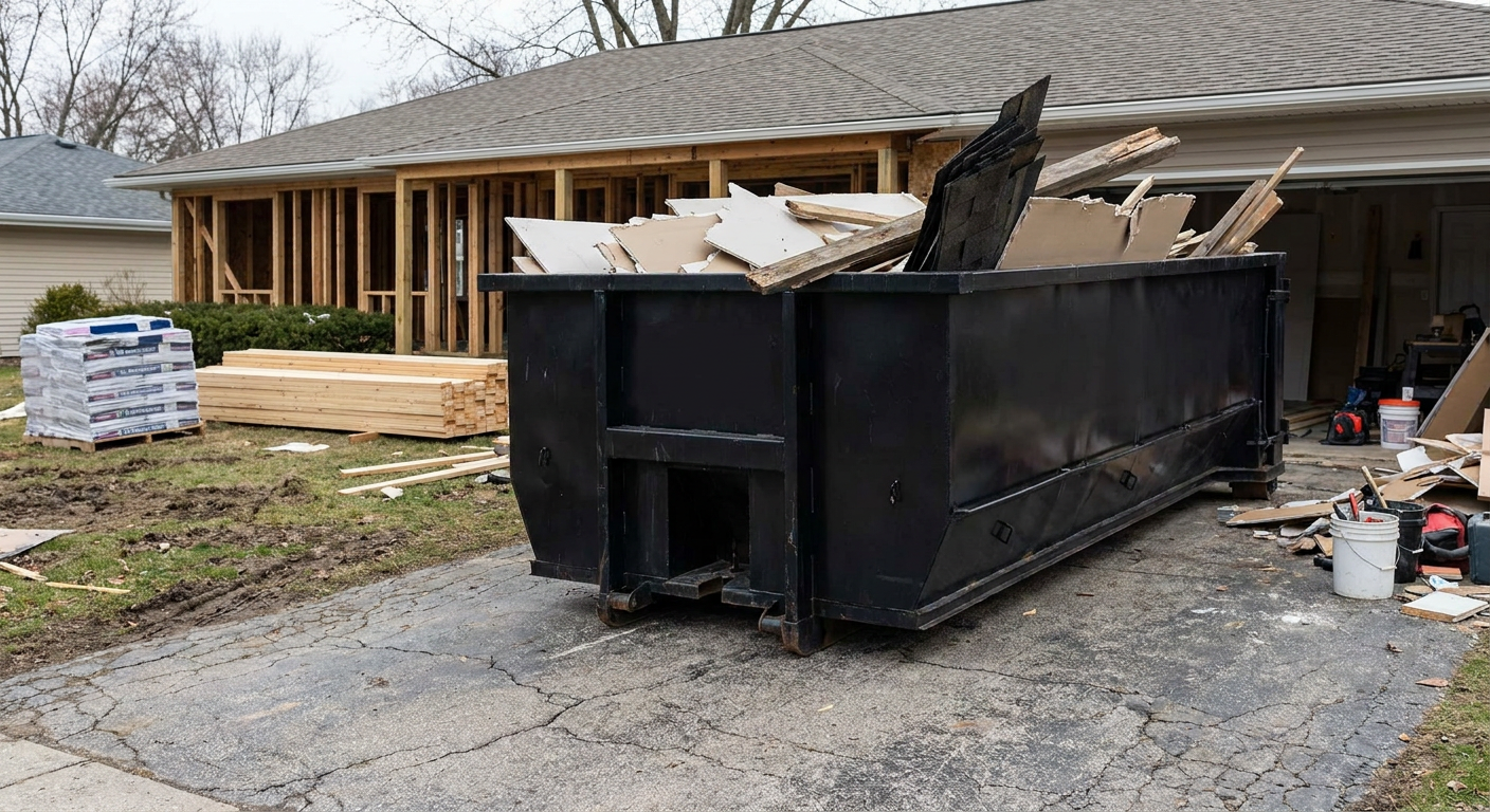 A matte-black 20-yard roll-off dumpster placed alongside a mid-renovation Garland home directly on the asphalt driveway, with framing materials and torn-off shingles staged neatly nearby.