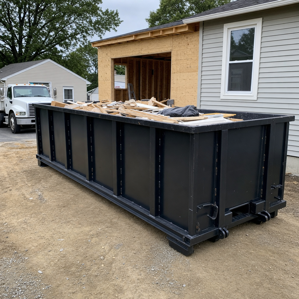 A matte-black 30-yard roll-off dumpster positioned at a Garland residential addition jobsite, with framing lumber and drywall scraps loaded through the open swinging rear doors.