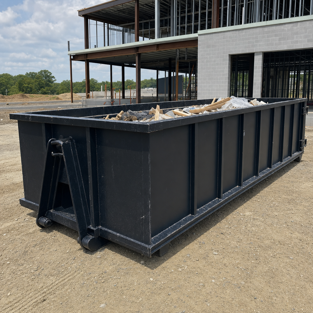 A matte-black 40-yard roll-off dumpster staged on a large Garland commercial construction lot, with a hooklift delivery truck parked alongside under bright midday sky.