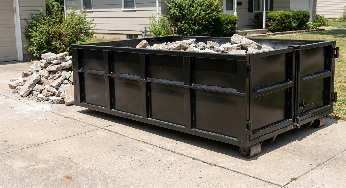 A matte-black low-side heavy-debris roll-off dumpster placed directly on a Garland concrete driveway, with broken concrete chunks neatly stacked beside it under clean daylight.