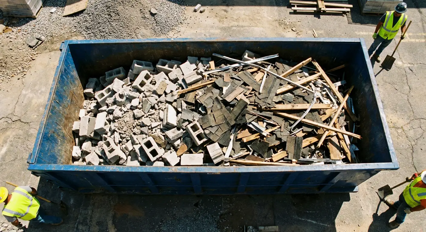 Roll-off dumpster loaded with construction debris in Garland, TX