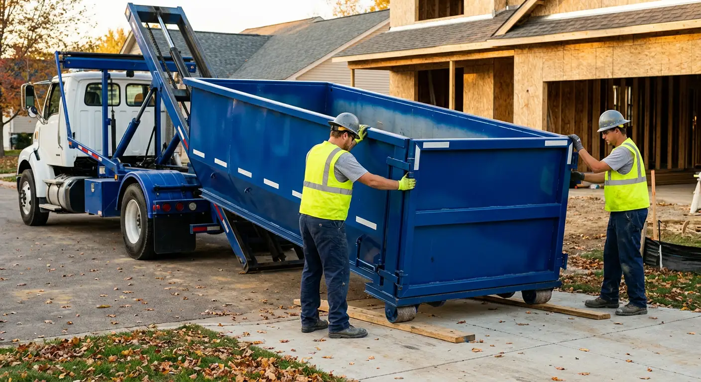 Roll-off dumpster delivery truck in residential area in Garland, TX