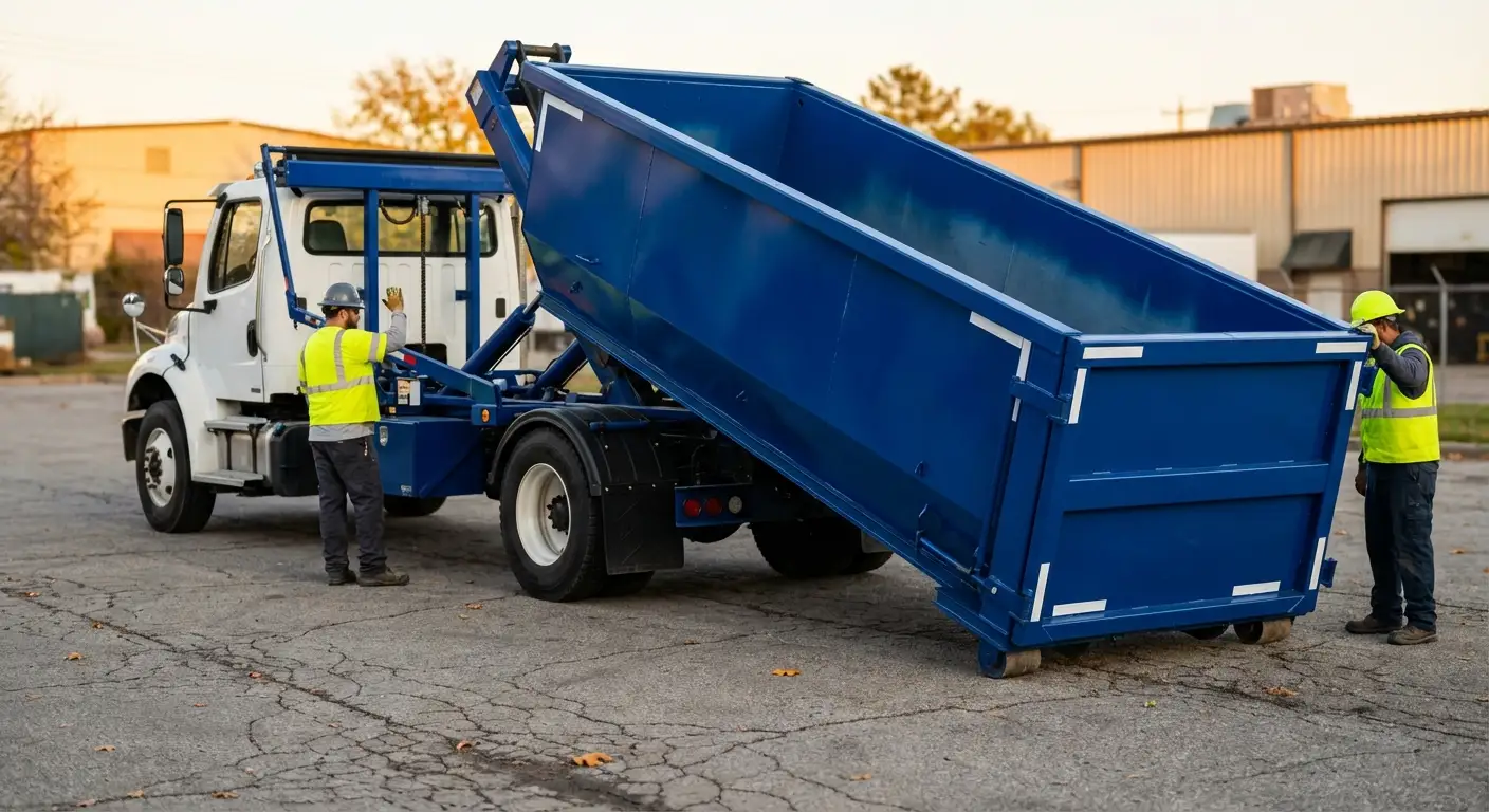 Roll-off dumpster rental truck protecting driveway surfaces in Garland, TX
