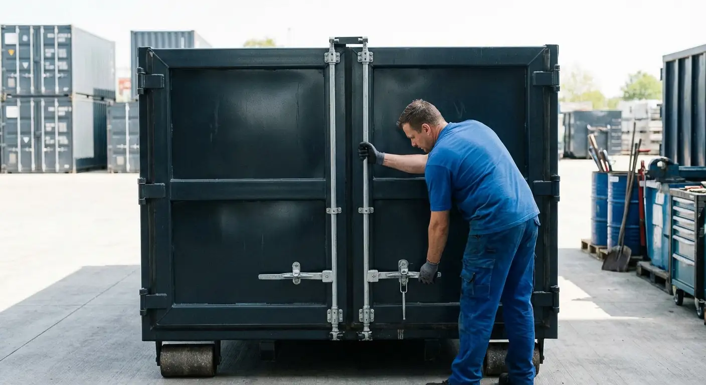 Dumpster walk-in loading door open showing easy access in Garland, TX