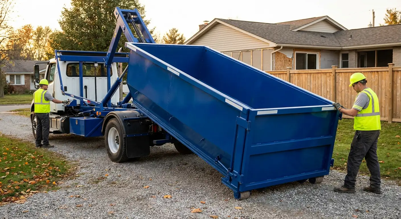 Roll-off dumpster rental delivery truck in Garland, TX
